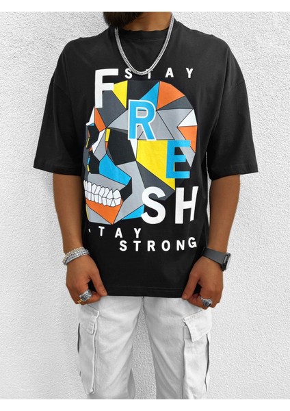 Fresh Baskılı Oversize T-Shirt Siyah