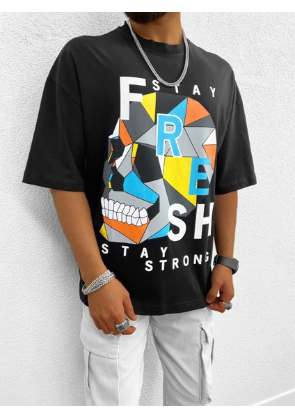 Fresh Baskılı Oversize T-Shirt Siyah modelleri