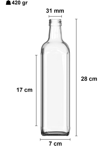 750 ml şeffaf kapaklı, kapüşonlu köşeli cam şişe, 1 adet, beyaz renk fiyatları