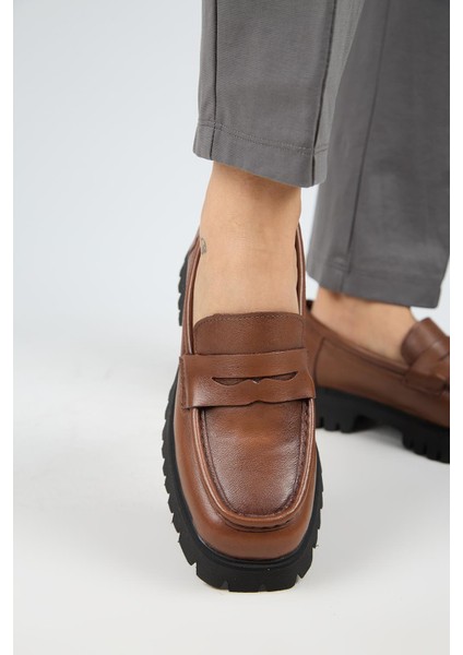Cepmen Kadın Deri Köşeli Hakiki Deri Loafer Taba Ayakkabı