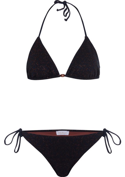 Dokulu Kahverengi Sim Detaylı Üçgen Bikini Takım