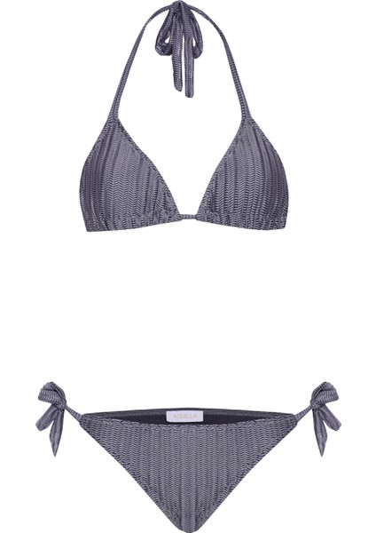 Zigzag Desenli Antrasit Bağlamalı Bikini Takım