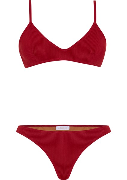 Şerit Dokulu Bordo Pensli Bikini Takım