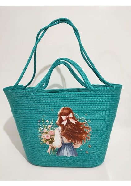Beach Handmade Kadın Omuz Çantası, Kadın Plaj Kol Çantası, Tasarım Turkuaz Baskılı Hediyelik Çanta