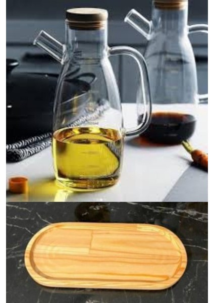 2'li Sızdırmaz Cam Yağlık Sirkelik Takımı, Bambu Altlık, 1L, Beyaz