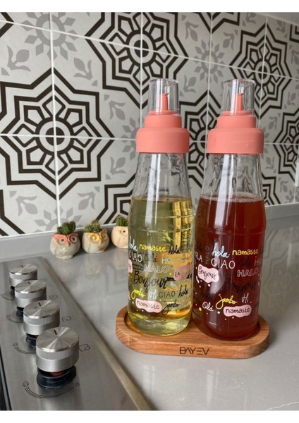 Pembe Ahşap Standlı 3'lü Cam Yağlık ve Sirkelik Seti, 750 ml, Kahverengi