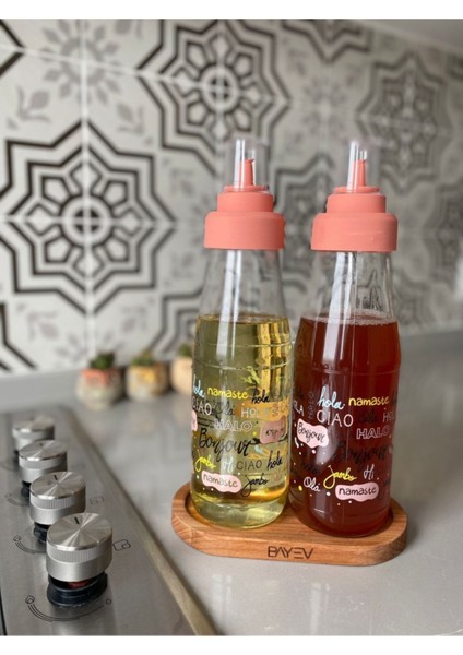 Pembe Ahşap Standlı 3'lü Cam Yağlık ve Sirkelik Seti, 750 ml, Kahverengi fiyatları