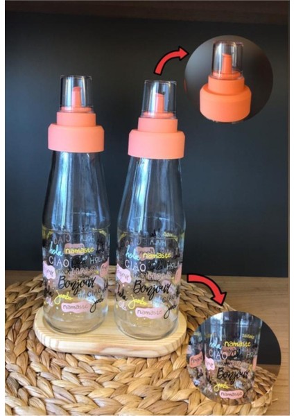 Pembe Ahşap Standlı 3'lü Cam Yağlık ve Sirkelik Seti, 750 ml, Kahverengi indirimleri