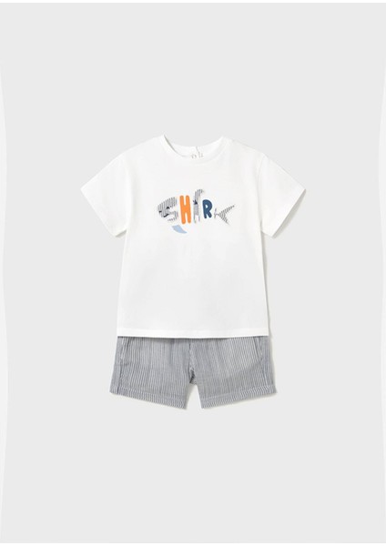 Yazlık Denim Mavi Çizgili Şort T-Shırt Takım