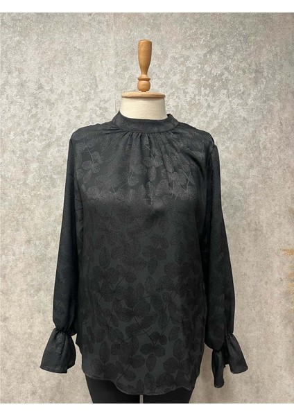 25Y5307 Bluz Saten Yaprak Desenli Kol Lastikli - Vishne - 25Y5307 - Siyah - 2