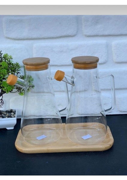 Bambu Standlı 2 Adet 900 ml Borosilikat Cam Ayçiçeği Zeytinyağı Şişesi 3’lu Bambu Kapak Yağdanlık Se