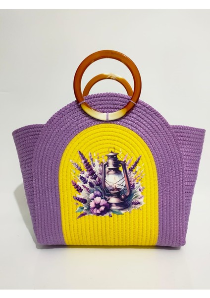 Beach Handmade Renkli Plaj Çantası, Hediyelik Mor El Çantası, Sarı Günlük Tasarım Çanta