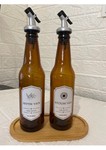 2'li cam zeytinyağlık seti, bambu detaylı, şık ve kullanışlı, 300 ml, kahverengi