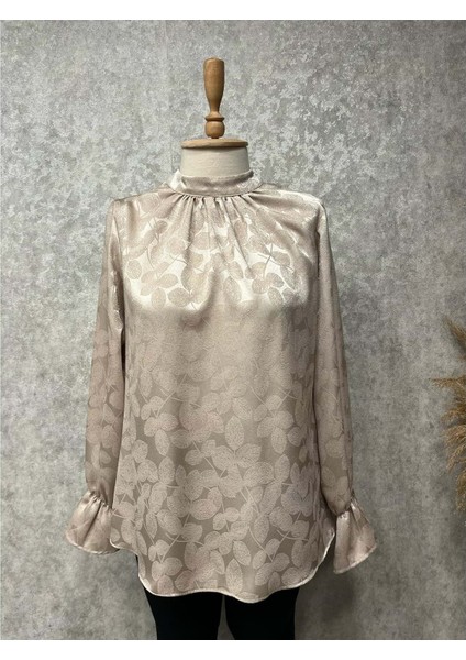 25Y5307 Bluz Saten Yaprak Desenli Kol Lastikli - Vishne - 25Y5307 - Bej - 1