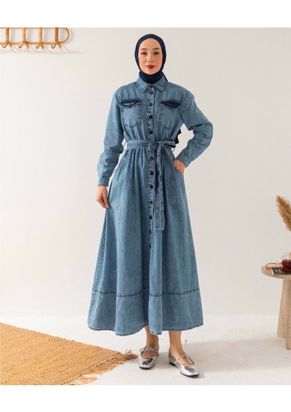 25Y6440 Elbise Kot Bel Kuşaklı Cepli - Meri - 25Y6440 - Mavi - 42