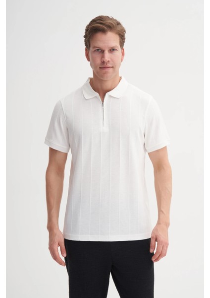 Caz 4238 Polo Yaka Kendinden Dokulu Regular Fit Fermuarlı Tişört