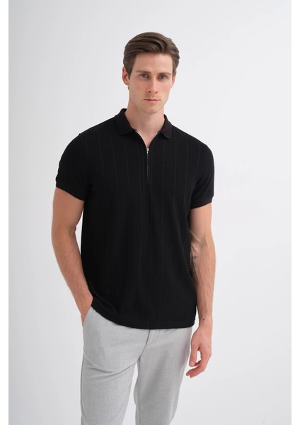 Caz 4238 Polo Yaka Kendinden Dokulu Regular Fit Fermuarlı Tişört