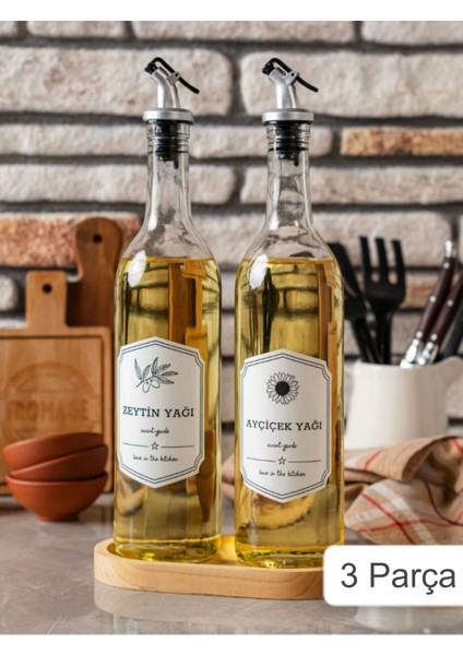 Turuncu Ahşap 3'lü Yağlık ve Sirkelik Seti, damlatmaz kapak, şeffaf tasarım, 750 ml