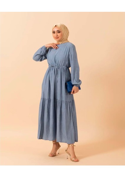 25Y9577 Elbise Keten Görünümlü Kol Lastikli Bel Bağlamalı - Rumella - 25Y9577 - Antrasit - 36