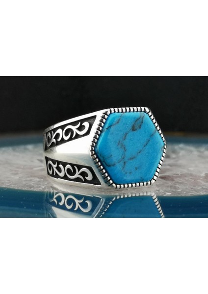 Özel Tasarım Mavi Firuze Taşlı 925 Ayar Gümüş Yüzük