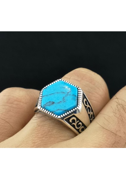Özel Tasarım Mavi Firuze Taşlı 925 Ayar Gümüş Yüzük fiyatları