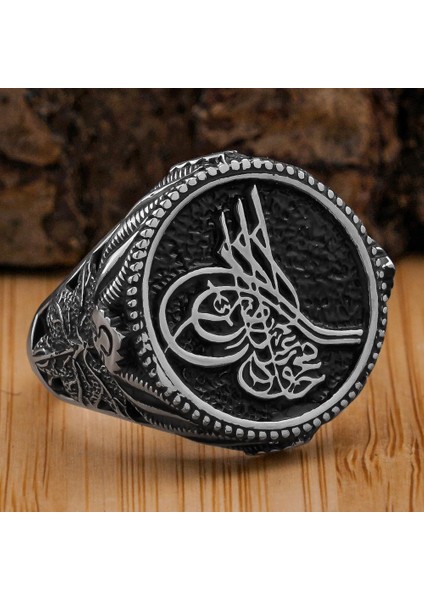 Osmanlı Tuğralı Yaprak Motifli Yuvarlak 925 Ayar Gümüş Yüzük