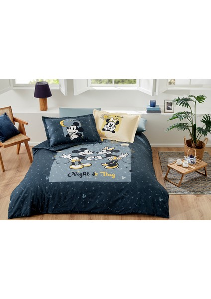 Mickey & Minnie Day Mavi Çift Kişilik Disney Lisanslı Lastikli Çarşaf Nevresim Takımı