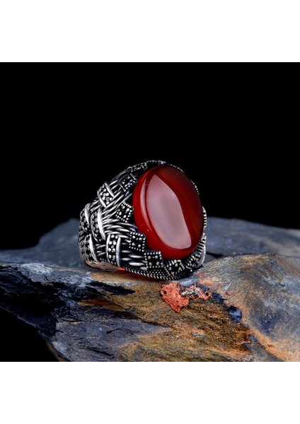 Akik Taşlı Oval Model 925 Ayar Gümüş Erkek Yüzük