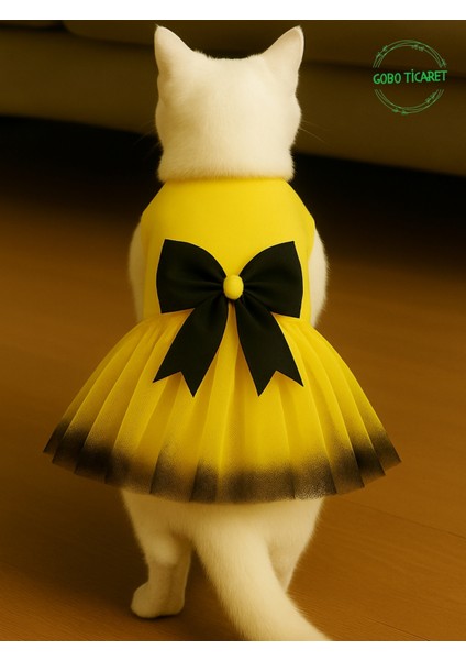 Siyah Papyonlu Sarı Tüllü Kedi Köpek Kıyafeti Elbisesi fiyatları