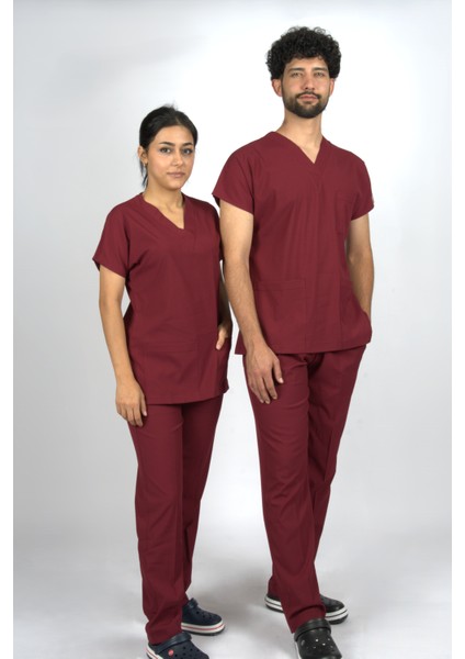 Bordo Premium Flex Likralı Scrubs Doktor Hemşire Üniforma Takım
