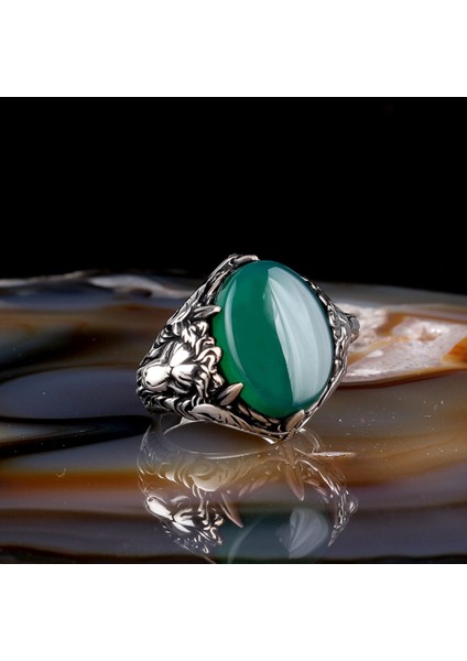 Yeşil Akik Taşlı Aslan Model 925 Ayar Gümüş Erkek Yüzük