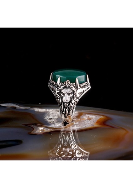 Yeşil Akik Taşlı Aslan Model 925 Ayar Gümüş Erkek Yüzük fiyatları