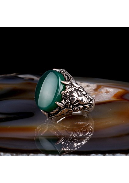 Yeşil Akik Taşlı Aslan Model 925 Ayar Gümüş Erkek Yüzük modelleri