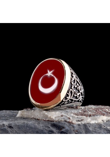 925 Ayar Gümüş Kırmızı Mineli Ayyıldız Model Erkek Yüzük modelleri