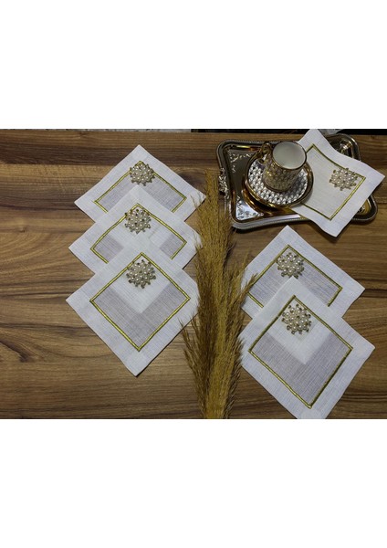 6 Adet Kokteyl Sunum Pecetesi gold nakışlı incili borş etuval gardenya keten ALYA COLLECTION