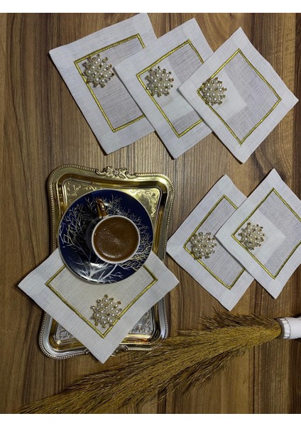 6 Adet Kokteyl Sunum Pecetesi gold nakışlı incili borş etuval gardenya keten ALYA COLLECTION
