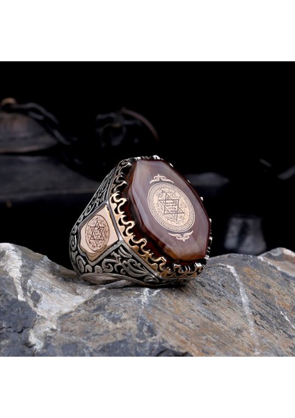 925 Ayar Gümüş Kehribar Taşı Üzerine Hz Süleyman Mührü Erkek Yüzük