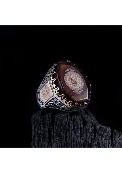 925 Ayar Gümüş Kehribar Taşı Üzerine Hz Süleyman Mührü Erkek Yüzük fiyatları
