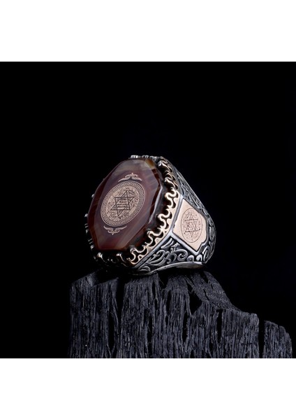 925 Ayar Gümüş Kehribar Taşı Üzerine Hz Süleyman Mührü Erkek Yüzük modelleri