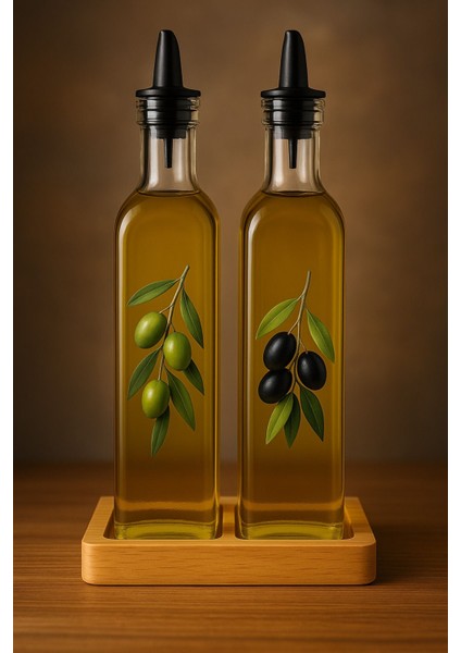 İkili Ahşap Altlıklı Kare Cam Yağdanlık Seti, Siyah, 750 ml, şık ve kullanışlı tasarım