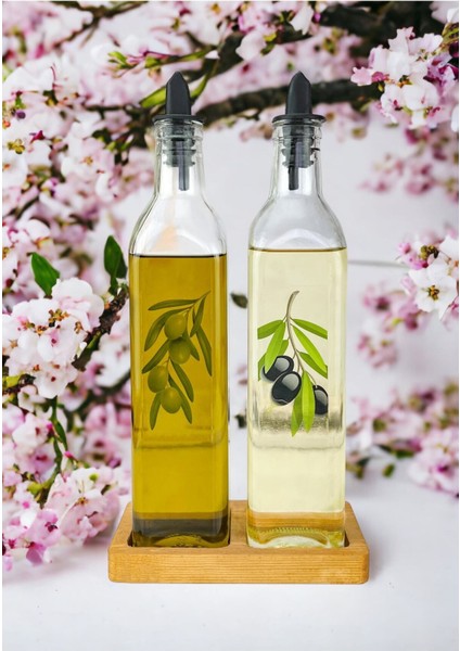 İkili Ahşap Altlıklı Kare Cam Yağdanlık Seti, Siyah, 750 ml, şık ve kullanışlı tasarım