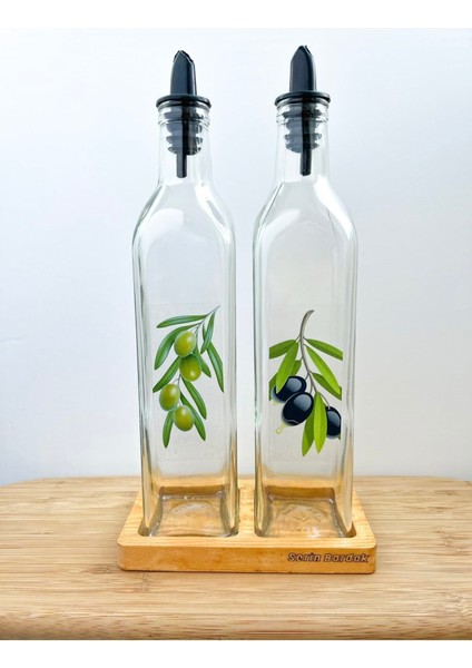 İkili Ahşap Altlıklı Kare Cam Yağdanlık Seti, Siyah, 750 ml, şık ve kullanışlı tasarım