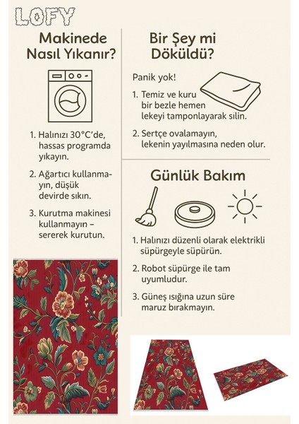 Kırmızı Zemin Çiçek Desenli Halı – Yıkanabilir Kaymaz Vintage Tarz Halı