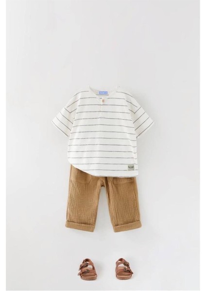 Erkek Çocuk Müslin Kumaş Alt-Üst Takım Kahverengi