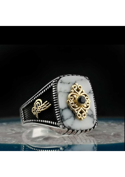 Özel Tasarım Beyaz Firuze Taşlı Tuğra Detaylı 925 Ayar Gümüş Yüzük