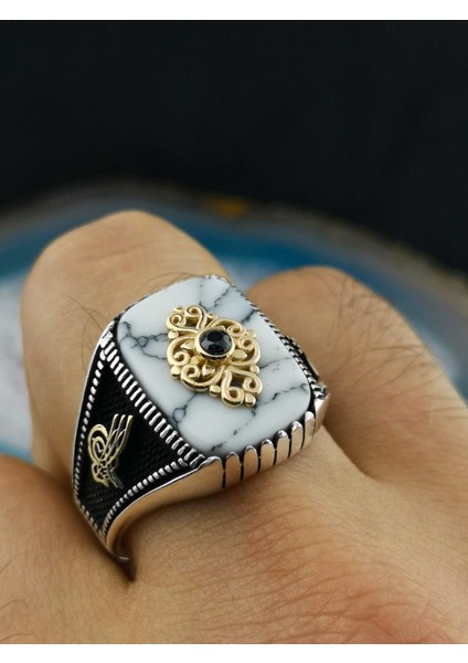 Özel Tasarım Beyaz Firuze Taşlı Tuğra Detaylı 925 Ayar Gümüş Yüzük fiyatları