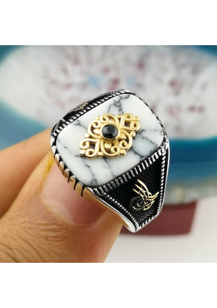 Özel Tasarım Beyaz Firuze Taşlı Tuğra Detaylı 925 Ayar Gümüş Yüzük modelleri