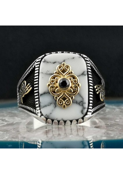 Özel Tasarım Beyaz Firuze Taşlı Tuğra Detaylı 925 Ayar Gümüş Yüzük fırsatları