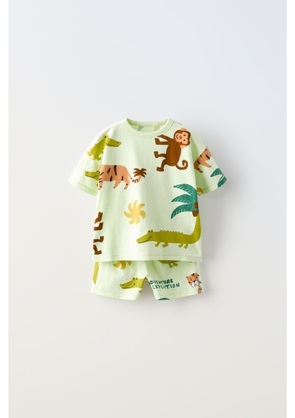 Erkek Çocuk Pamuklu Açık Yeşil Safari Temalı Hayvan Baskılı Yazlık T-Shirt ve Şort Takım