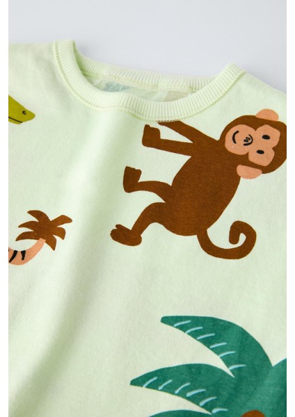 Erkek Çocuk Pamuklu Açık Yeşil Safari Temalı Hayvan Baskılı Yazlık T-Shirt ve Şort Takım modelleri